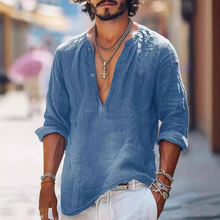 Men's Long Sleeve V-Neck Button Down Shirt | Vintage Style | Solid Color | Regular Fit | Cotton Linen Blend | Casual Smart Casual | Fall Winter Spring Wear | Comfortable Durable |