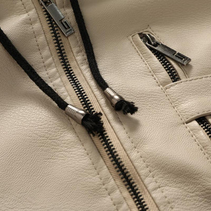 Men's Hooded Leather Jacket | Vintage Look | Fleece Lined | Slim Fit | Warm Casual Outerwear | Zip-Up Closure | Durable Leather | Wind-Resistant | Multiple Pockets | Versatile Style