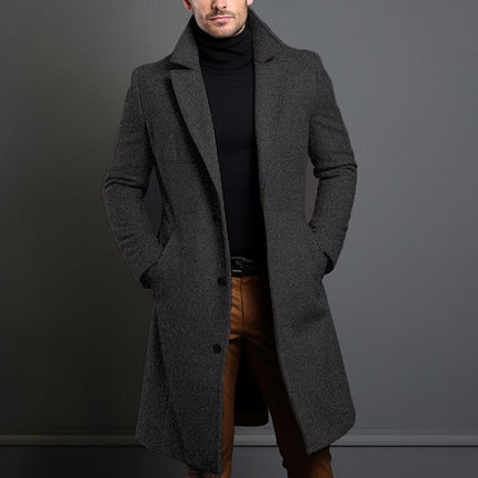Men's Mid-Length Coat | Solid Color | Notch Lapel | Single-Breasted | Premium Quality | Versatile Outerwear | Various Sizes | Elegant Design | Fashionable and Comfortable | Stylish Warmth