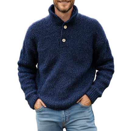 Men's Dark Blue Stand Collar Knit Sweater | Two-Button Detail | Vintage Style | Cotton Wool Blend | Long Sleeves | Ribbed Cuffs | Sophisticated Design | Versatile Cold Weather Wear | Textured Knit Pattern