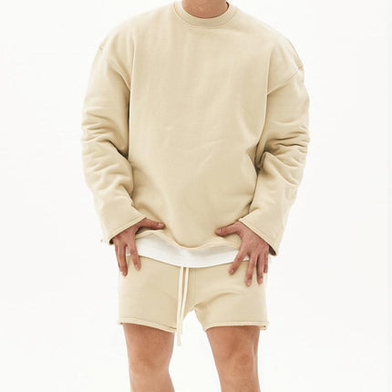 Men's Casual Loose Fit Sweatshirt & Shorts Set | Solid Color | Cotton Pullover | Autumn Winter Spring | Mid Waist | Short Pants | Long Sleeve