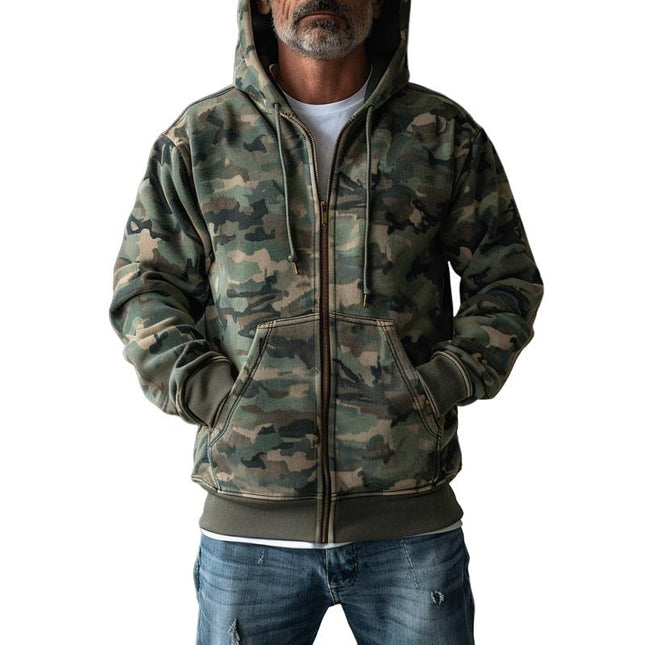 Men's Hooded Sweatshirt Jacket | Camouflage Print | Relaxed Fit | Full-Zip Front | Long Sleeves with Ribbed Cuffs | Kangaroo Pockets | Cotton Polyester Blend | Adjustable Hood | Versatile Outerwear