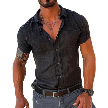Men's Summer Shirt | Casual Cotton Linen Blend | Short Sleeve Button Down | Breathable Relaxed Fit | Solid Color | Straight Hem | Chest Pocket