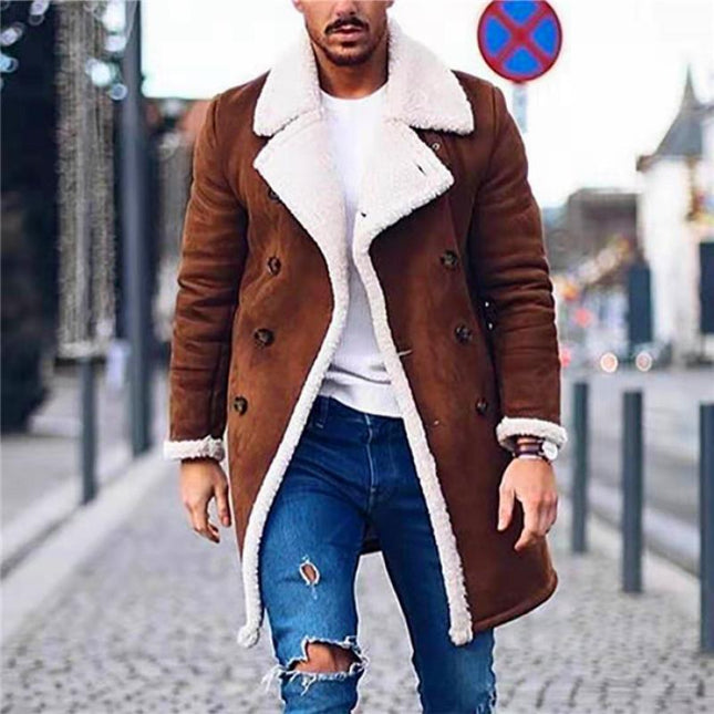 Men's Suede Polar Fleece Coat | Vintage Warm Double-Breasted Outerwear | Notch Lapel | Thick Insulation | Multi-Pocket Design | Formal Winter Jacket | Earthy Tones