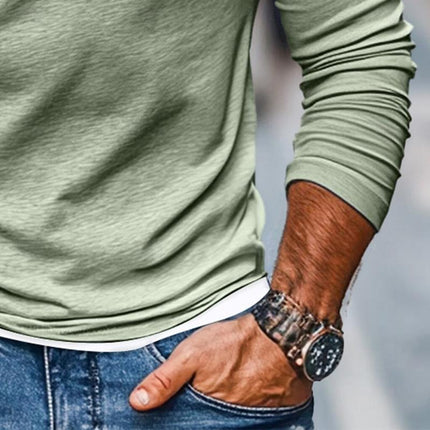Men's Double Layer V-Neck T-Shirt | Casual Color Block Design | Long Sleeves | Fake Two-Piece Layered Look | Soft Lightweight Stretch Fabric | Regular Fit | Versatile Fashion Staple