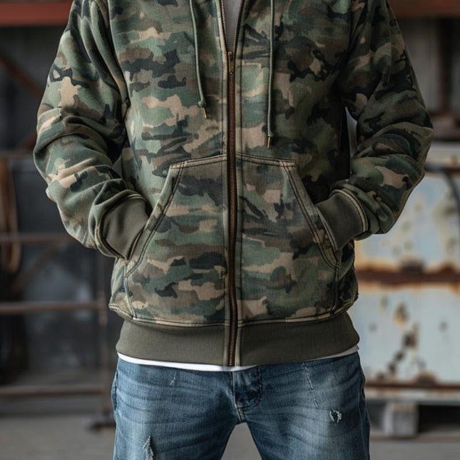 Men's Hooded Sweatshirt Jacket | Camouflage Print | Relaxed Fit | Full-Zip Front | Long Sleeves with Ribbed Cuffs | Kangaroo Pockets | Cotton Polyester Blend | Adjustable Hood | Versatile Outerwear