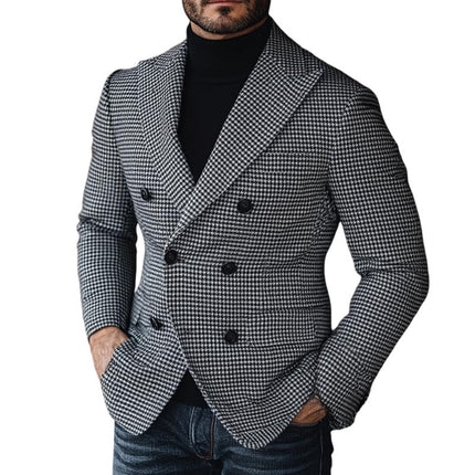Men's Vintage Houndstooth Blazer | Double Breasted Wool Blend | Tailored Fit Formal Outerwear | Notched Lapel Collar | Classic Pattern | Full-Length Sleeves | Ideal for Fall & Winter | Sophisticated Style