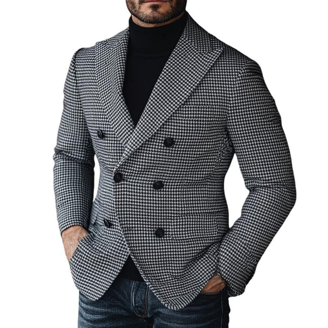 Men's Vintage Houndstooth Blazer | Double Breasted Wool Blend | Tailored Fit Formal Outerwear | Notched Lapel Collar | Classic Pattern | Full-Length Sleeves | Ideal for Fall & Winter | Sophisticated Style