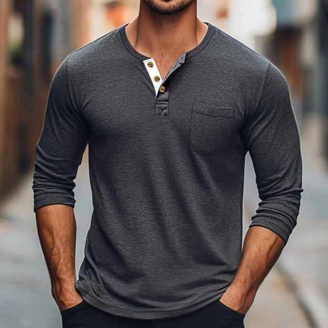 Men's Long Sleeve T-Shirt | Solid Color | Round Neck with Button Detail | Soft Cotton Blend | Regular Fit | Versatile Layering Essential for Casual Wear | Perfect for Fall and Spring | Machine Washable