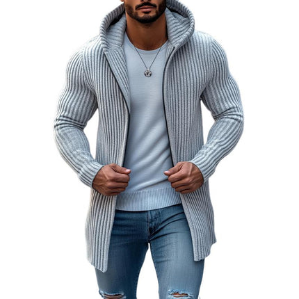 Men's Fashion Hooded Long Sleeve Knit Cardigan | Solid Striped Design | Mid-Length Casual Outerwear | Soft Cozy Fabric | Open Front | Versatile Layering | Sizes S to 3XL | Comfortable Relaxed Fit