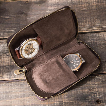 Men's Vintage Cowhide Leather Watch Organizer | Handmade Travel Storage Bag | Luxury Watch Case | Padded Compartments | Secure Closure | Antique Style | Compact Portable Design | Ideal Gift for Watch Collectors