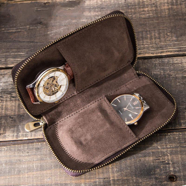 Men's Vintage Cowhide Leather Watch Organizer | Handmade Travel Storage Bag | Luxury Watch Case | Padded Compartments | Secure Closure | Antique Style | Compact Portable Design | Ideal Gift for Watch Collectors