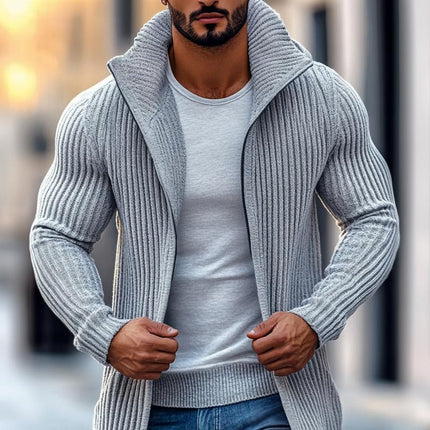 Men's Mid-Length Knit Cardigan | Stand Collar | Solid Striped Design | Button-Up Front | Long Sleeves | Ribbed Cuffs | Regular Fit | S-3XL Sizes | Premium Knit Fabric | Casual & Office Wear | Outerwear Sweater