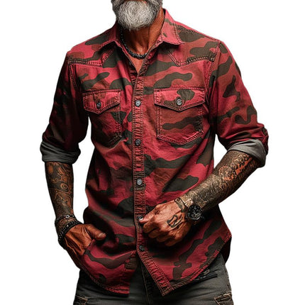 Men's Camouflage Print Cargo Shirt | Classic Lapel Collar | Long Sleeves with Buttoned Cuffs | Durable Cotton Blend | Regular Fit | Chest and Cargo Pockets | Front Button Closure | Sizes S-XXXL