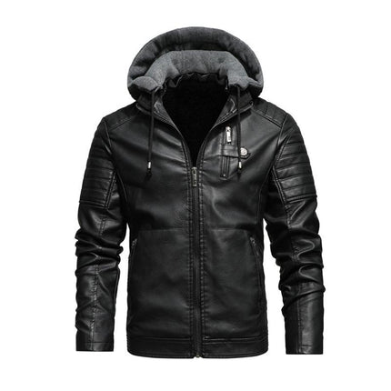 Men's Hooded Leather Jacket | Vintage Look | Fleece Lined | Slim Fit | Warm Casual Outerwear | Zip-Up Closure | Durable Leather | Wind-Resistant | Multiple Pockets | Versatile Style