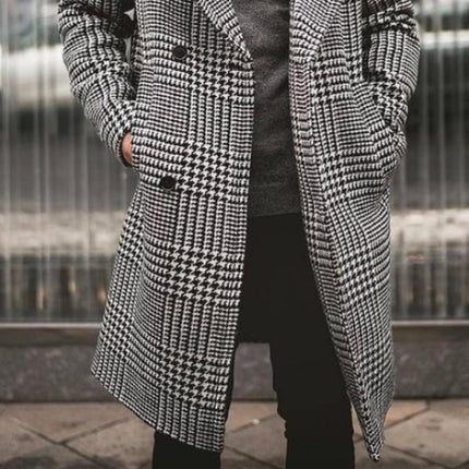 Men's Houndstooth Coat | Retro Double-Breasted Knee-Length Outerwear | Classic Casual Style | Vintage Sophistication | Tailored Fit | Lapel Collar | Functional Pockets | Versatile for Casual or Formal Use