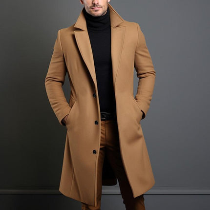 Men's Mid-Length Coat | Solid Color | Notch Lapel | Single-Breasted | Premium Quality | Versatile Outerwear | Various Sizes | Elegant Design | Fashionable and Comfortable | Stylish Warmth