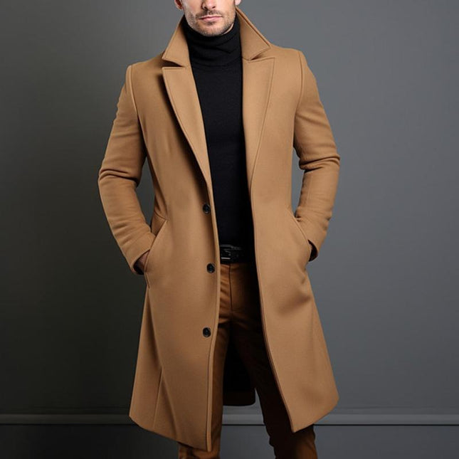Men's Mid-Length Coat | Solid Color | Notch Lapel | Single-Breasted | Premium Quality | Versatile Outerwear | Various Sizes | Elegant Design | Fashionable and Comfortable | Stylish Warmth