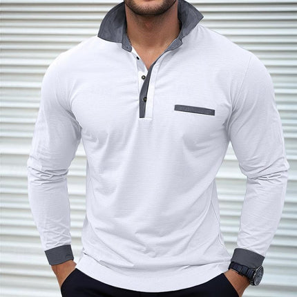 Men's Long Sleeve Colorblock Polo Shirt | Lapel Collar | Soft Cotton Blend | Modern Casual & Smart-Casual Wear | Versatile Hip-Length Design | Comfortable Regular Fit | Classic Button Placket | Durable Finish