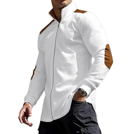 Men's Stand Collar Long Sleeve Shirt | Color Block Design | Waffle Texture | Zipper Closure | Cotton-Polyester Blend | Casual Smart Casual Wear | Comfortable Fit | Stylish Versatile Top