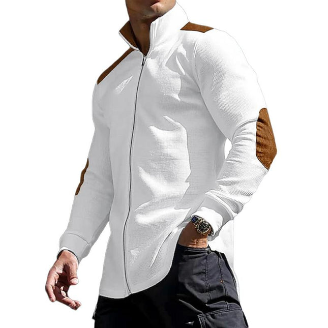 Men's Stand Collar Long Sleeve Shirt | Color Block Design | Waffle Texture | Zipper Closure | Cotton-Polyester Blend | Casual Smart Casual Wear | Comfortable Fit | Stylish Versatile Top