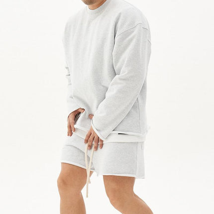 Men's Casual Loose Fit Sweatshirt & Shorts Set | Solid Color | Cotton Pullover | Autumn Winter Spring | Mid Waist | Short Pants | Long Sleeve