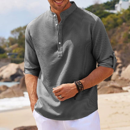 Men's Waffle Knit Shirt | Stand Collar | Rolled Long Sleeves | Casual & Semi-Formal | Solid Color | Soft & Breathable Fabric | Regular Fit | Versatile & Stylish | Easy Maintenance | Perfect for All Seasons