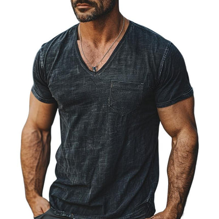 Men's Casual V-neck T-shirt | Heavy Duty Washed Distressed Design | Short Sleeve | Cotton Blend Fabric | Stylish and Comfortable | Versatile Wardrobe Essential | Perfect for Everyday Wear