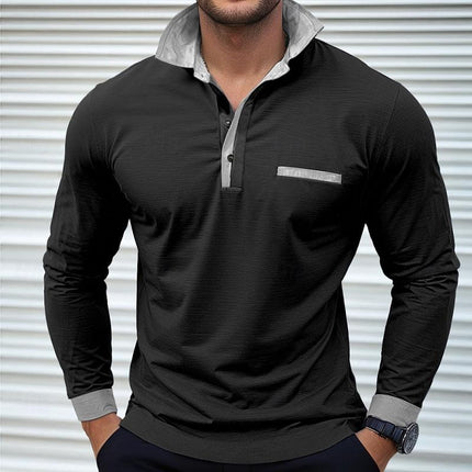 Men's Long Sleeve Colorblock Polo Shirt | Lapel Collar | Soft Cotton Blend | Modern Casual & Smart-Casual Wear | Versatile Hip-Length Design | Comfortable Regular Fit | Classic Button Placket | Durable Finish