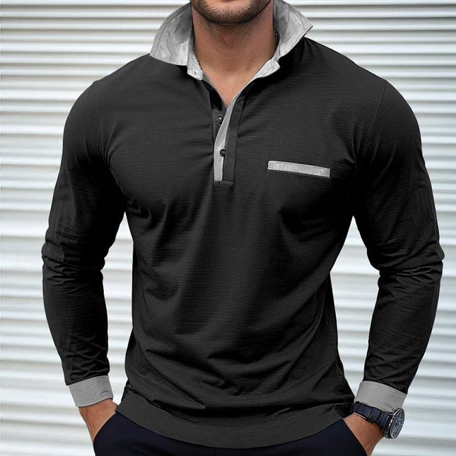 Men's Long Sleeve Colorblock Polo Shirt | Lapel Collar | Soft Cotton Blend | Modern Casual & Smart-Casual Wear | Versatile Hip-Length Design | Comfortable Regular Fit | Classic Button Placket | Durable Finish