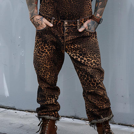 Men's Overalls | Retro Leopard Print | Casual Style | Straight Leg | Blended Fabric | Long Pants | Comfortable Fit | All Seasons | Versatile Fashion