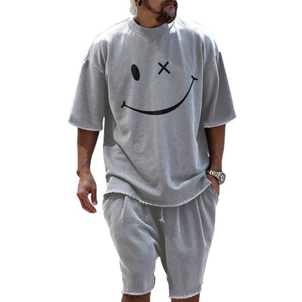 Men's Casual T-Shirt and Shorts Set | Loose Fit | Smiley Print | Cotton Blend | Round Neck | Short Sleeve | Short Pants | Mid Waist | Spring Summer Autumn Wear | Comfortable Street Style