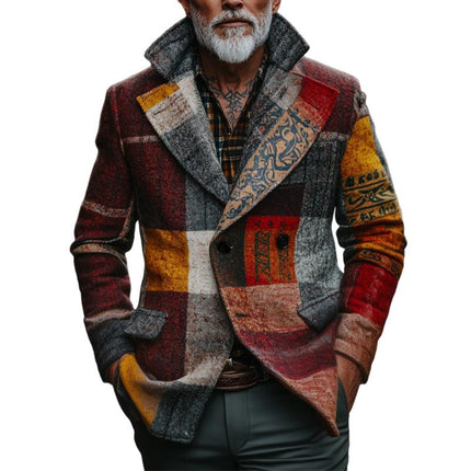 Men's Tweed Jacket | Retro Casual Style | Ethnic Inspired Prints | Long Sleeve | Mandarin Collar | Check Pattern | Versatile Outerwear | Sizes S-3XL | Durable Polyester Fabric | Comfortable Fit