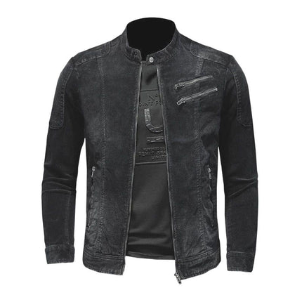 Men's Denim Biker Jacket | Vintage Washed | Classic Style | Snap Button Stand Collar | Full-Length Sleeves | Buttoned Cuffs | Multiple Pockets | Durable & Breathable Fabric | Casual Outerwear