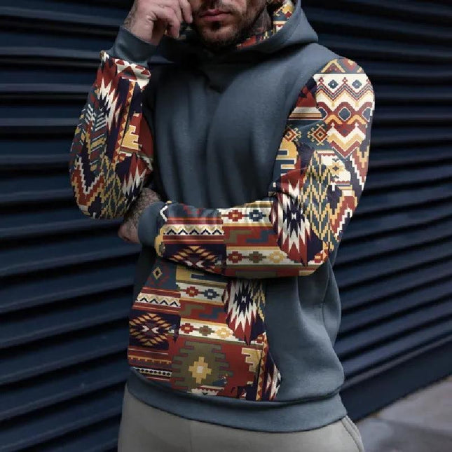 Men's Ethnic Style Hoodie | Retro Geometric Print | Casual Long Sleeve | Comfortable Cotton Blend | Adjustable Hood | Cozy Everyday Wear | Unique Statement Piece | Versatile Top