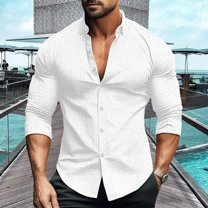 Men's Waffle Texture Shirt | Solid Color | Lapel Collar | Long Sleeve | Button Up | Casual & Semi-Formal | Premium Fabric | Classic Design | Versatile Fit | Multiple Sizes | Layering Essential