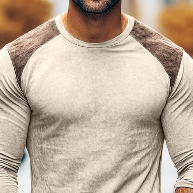 Men's Suede T-Shirt | Vintage Colorblock | Crew Neck | Long Sleeve | Regular Fit | Retro Style | Soft Durable Fabric | Comfortable Casual Wear | Ideal for Fall & Spring | Versatile Wardrobe Essential