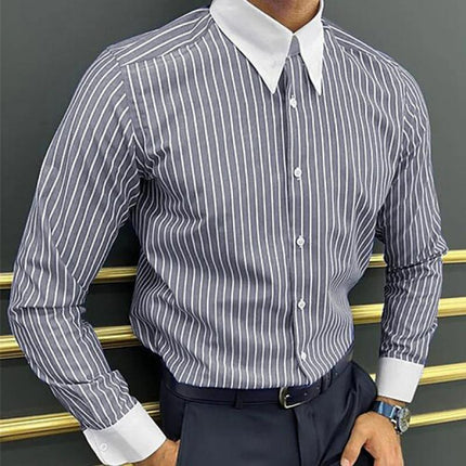 Men's Long Sleeve Striped Colorblock Shirt | Lapel Collar | Buttoned Cuffs | Casual Wear | Classic Style | Comfortable Fabric | Versatile Outfit