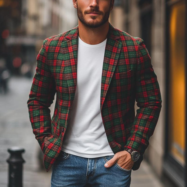 Men's Christmas Plaid Blazer | Casual Notch Lapel | Contrast Color | Single-Breasted | Festive Holiday Outerwear | Tailored Fit | Stylish Party Wear | Comfortable All-Day Use | Elegant Trendy Jacket