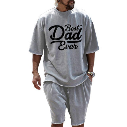 Loose Fit Men's Fashion T-Shirt & Shorts Set | Father's Day Print | Cotton Blend | Short Sleeve | Round Neck | Mid Waist | Spring Summer Autumn Casual Style