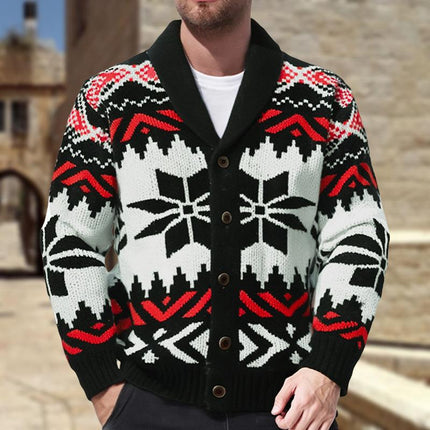 Men's Holiday Cardigan | Vintage Christmas Jacquard Pattern | Lapel Design | Soft Knit Fabric | Single-Breasted | Warm & Comfortable | Ideal for Winter Gatherings | Versatile Layering Piece