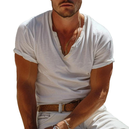 Men's Henley Collar T-Shirt | Solid Color | Short Sleeve | Buttoned Placket | Casual Everyday Wear | Versatile Style | Comfortable Fabric | Easy Pairing