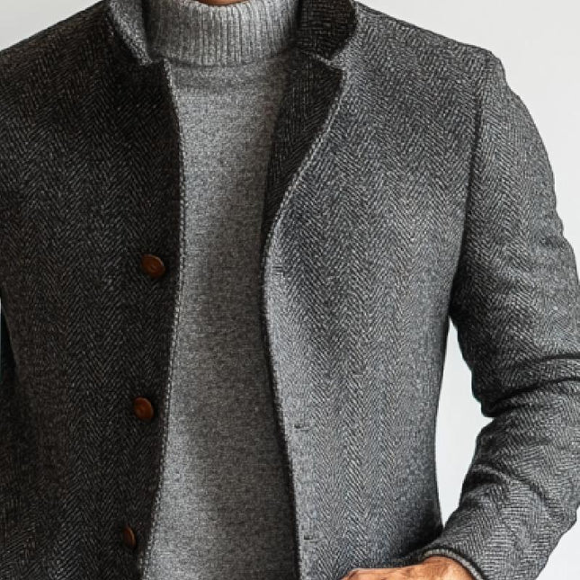 Men's Woolen Herringbone Coat | Retro Single-Breasted Mid-Length Outerwear | Classic Lapel Collar | Regular Fit | Premium Wool Blend | Vintage-Inspired Design | Functional Pockets | Ideal for Fall Winter