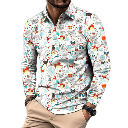 Men's Polo Shirt | Retro Floral Print | Long Sleeve | Casual Christmas Theme | Lapel Collar | Comfort Blended Fabric | All Season Wear | Multiple Sizes Available