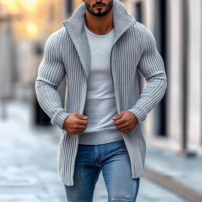 Men's Mid-Length Knit Cardigan | Stand Collar | Solid Striped Design | Button-Up Front | Long Sleeves | Ribbed Cuffs | Regular Fit | S-3XL Sizes | Premium Knit Fabric | Casual & Office Wear | Outerwear Sweater