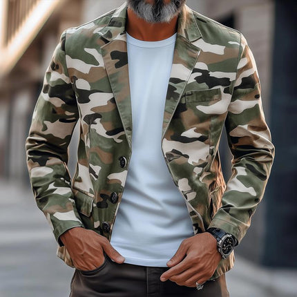 Men's Blazer | Retro Camouflage | Notch Lapel | Single Breasted | Casual | Cotton Polyester Blend | Long Sleeves | Smart Style | Sizes S-XXXL | Two Button Closure | Flap Pockets | Timeless Design