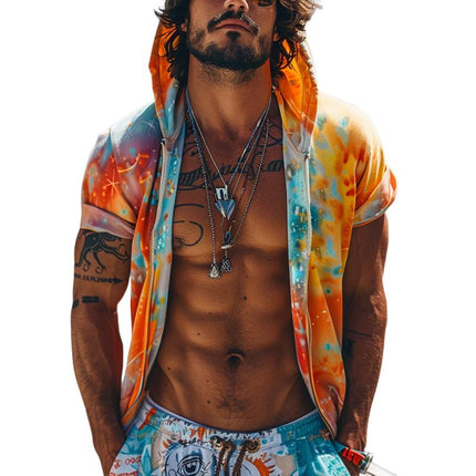 Men's Tie-dye Print Zip Hoodie | Hooded Short Sleeve | Colorful Casual Outerwear | Comfortable Cotton Blend | Adjustable Drawstring | Lightweight Relaxed Fit | Unique Stylish Design | Side Pockets