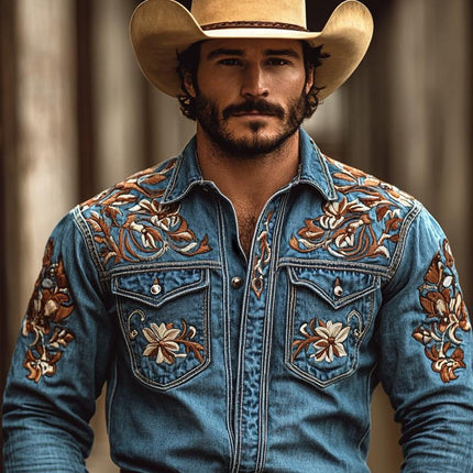 Men's Western Style Denim Shirt | Embroidered Lapel | Long Sleeve | Chest Pocket | Cowboy Aesthetic | Durable Casual Wear | Buttoned Cuffs | Versatile Fashion | Blue Denim | Classic Western Charm