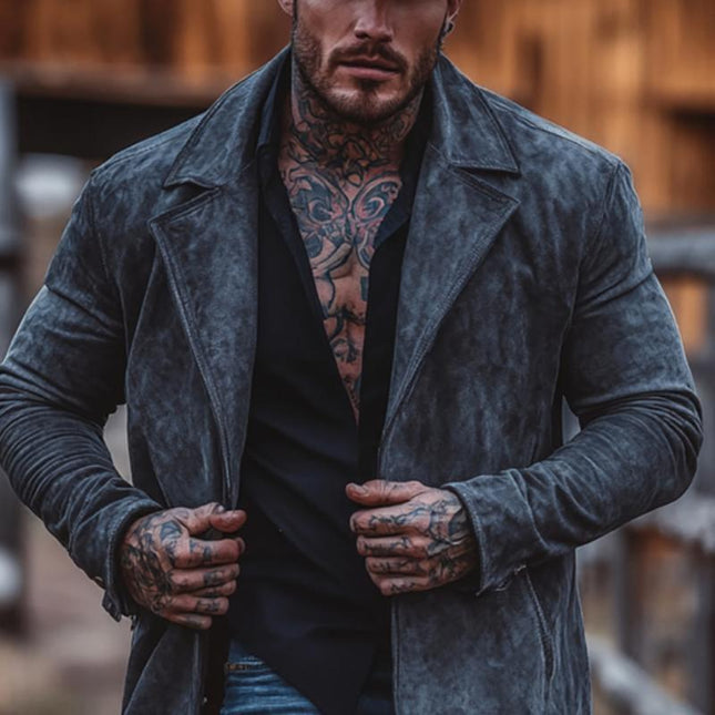 Men's Suede Trench Coat | Solid Color | Mid-Length Lapel Collar | Regular Fit | Long Sleeves | High-Quality Outerwear | Ideal for Fall & Spring | Smart Casual & Formal Wear | Versatile Men's Coat