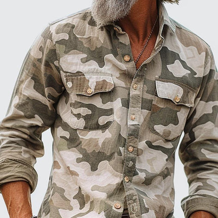 Men's Camouflage Cargo Shirt | Lapel Collar | Breast Pocket | Multi-Pocket Design | Lightweight Polyester Blend | Military-Inspired Look | Casual Wear | Outdoor Activities | Streetwear Fashion